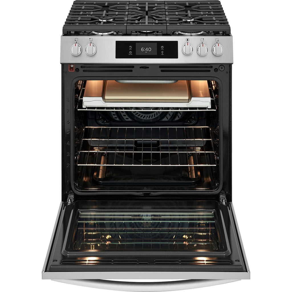 Cuisinière à gaz Frigidaire Gallery de 30 po avec commandes frontales et four à pizza sur pierre – Acier inoxydable (GCFG3070BF)