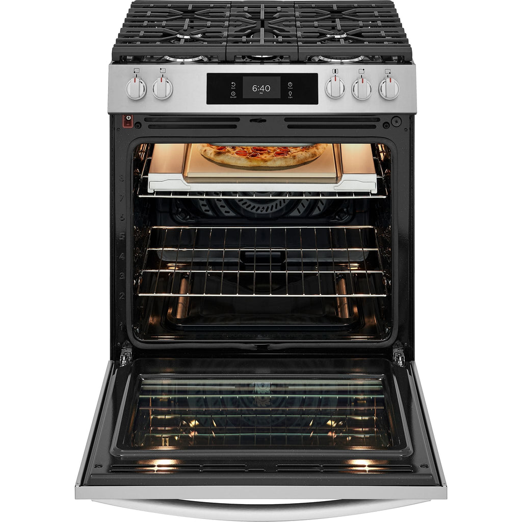 Cuisinière à gaz Frigidaire Gallery de 30 po avec commandes frontales et four à pizza sur pierre – Acier inoxydable (GCFG3070BF)