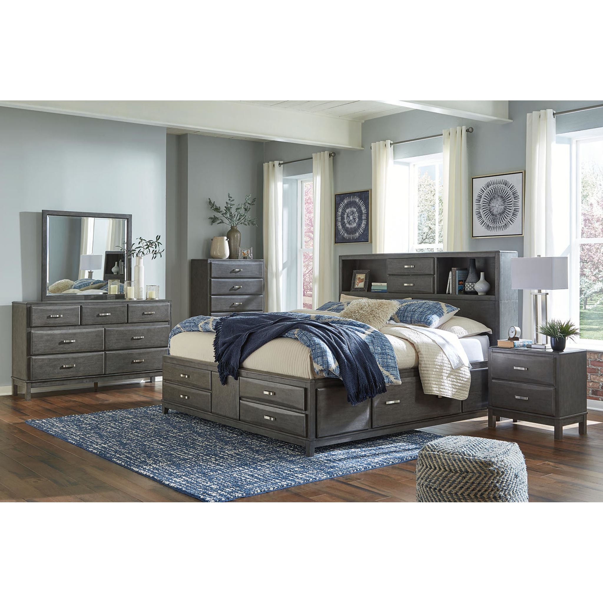 Chambre à coucher Caitbrook 5 pièces avec rangement pour lit king size - Gris